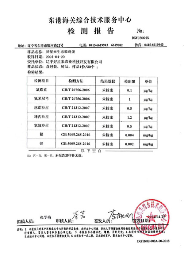 好星來生態笨雞蛋檢測報告